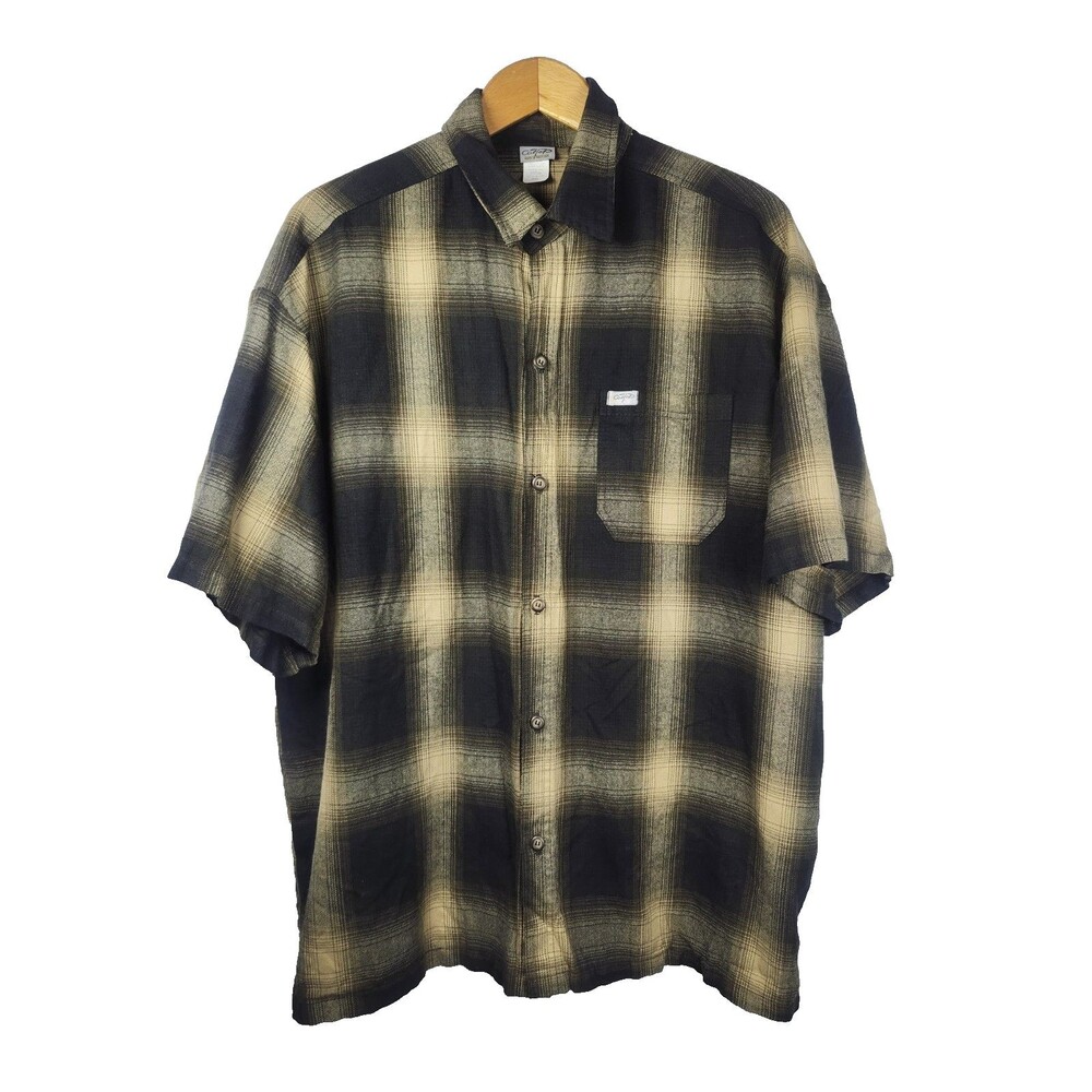 CalTop Shirt Mens 3XL Brown Beige Plaid ButtonUp Short Sleeve Lowrider Cholo USA